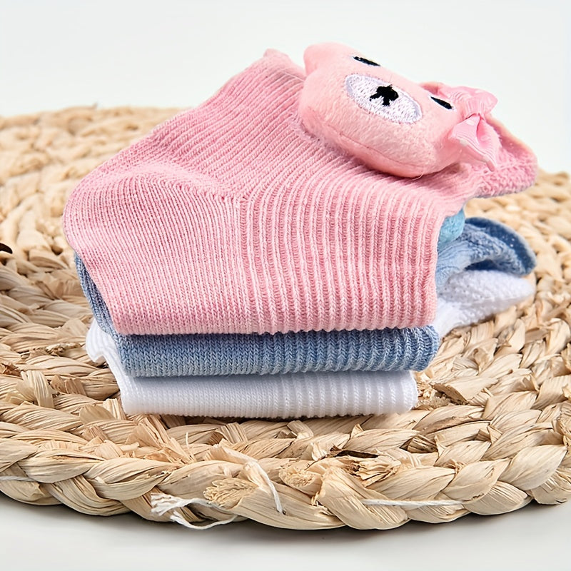 3 Pairs Kids Cotton Socks Bear Solid Breathable Sweat-absorbing