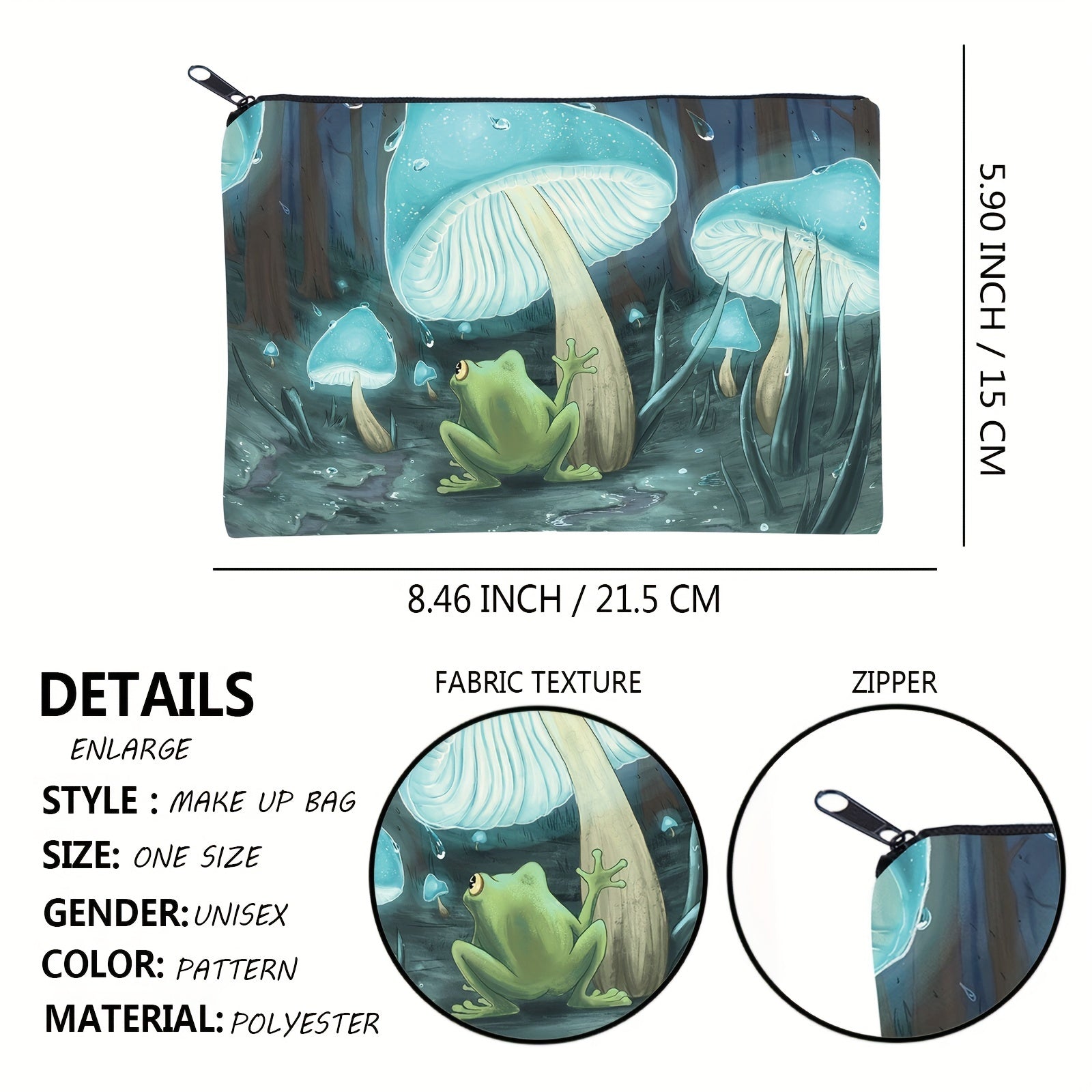 Frog Mushroom Rain Print Cosmetic Bag Zipper Travel Toiletry Bag