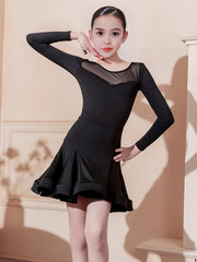 Girls Solid Crew Neck Long Sleeve Latin Dress for Dance Gymnastics Performance