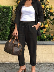 Button Front Long Sleeve Shirt & Wide Leg Pants Set