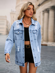 Oversized Distressed Flap Pockets Denim Jacket Ripped Long Sleeve Denim Coat