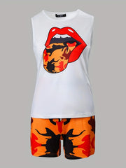 Lips Print Tank Top & Drawstring Shorts Set for Women