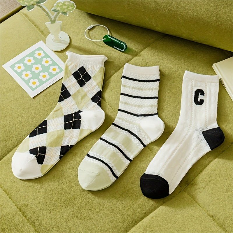 3 Pairs Letter Embroidery Mesh Socks Women's Mid Tube Stockings
