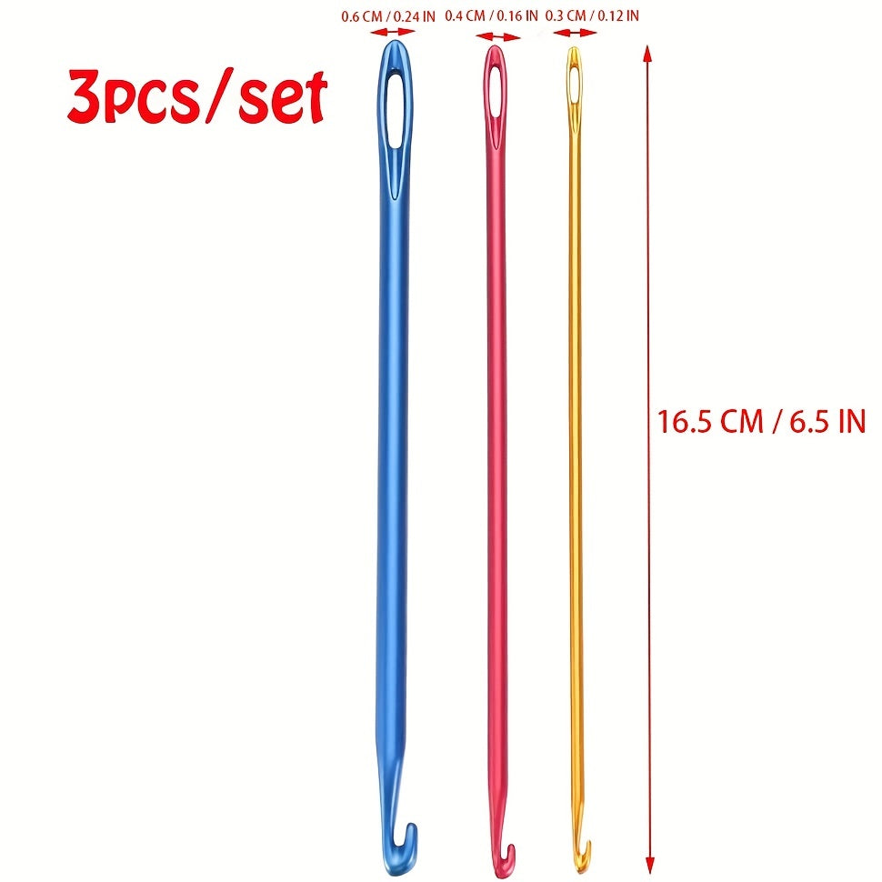 3pcs Afghan Tunisian Aluminum Crochet Hooks Knitting Needle With Eye