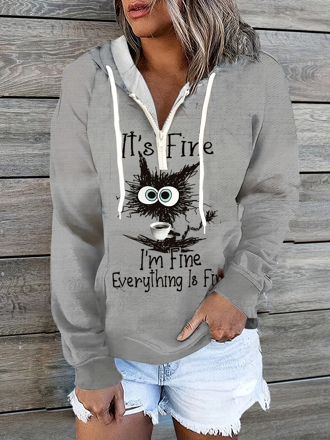 Cat Print Zip Hoodie Long Sleeve Hoodie