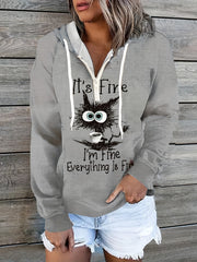 Cat Print Zip Hoodie Long Sleeve Hoodie