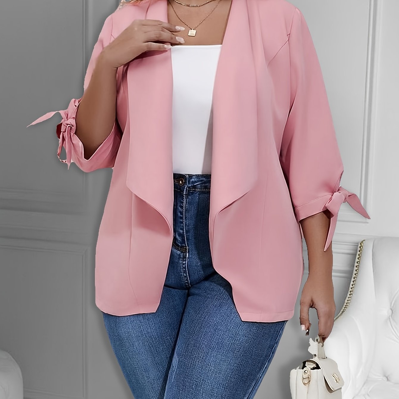 Casual Blazer Women's Plus Solid Knot Half Sleeve Lapel Collar Blazer