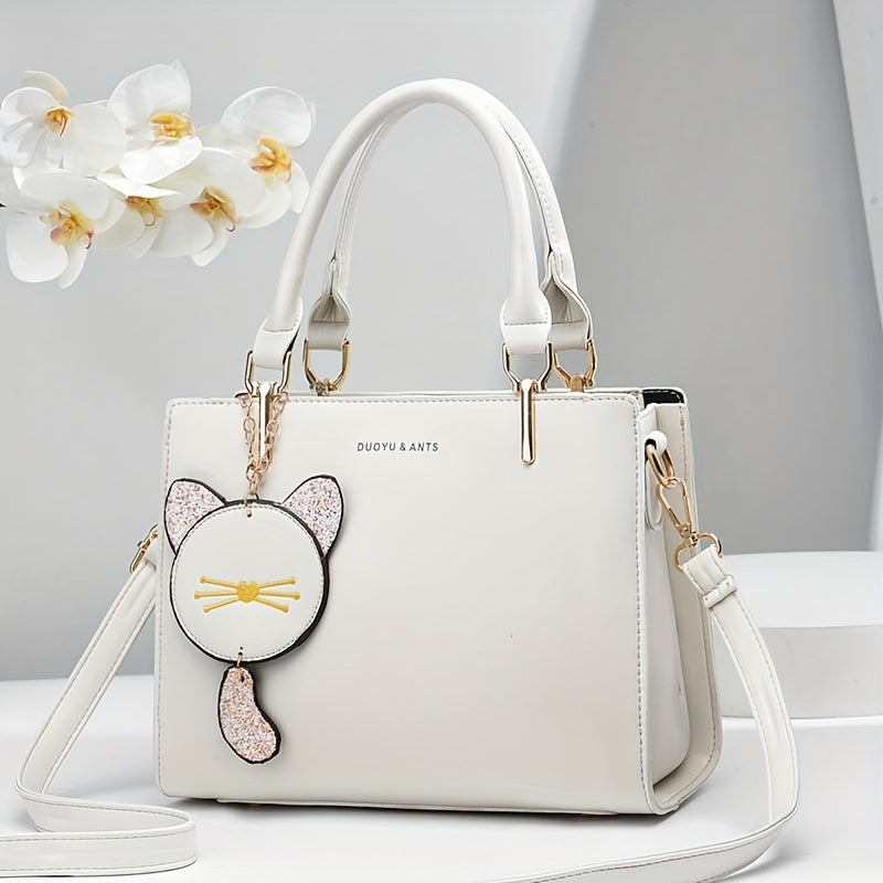 Letter Decor Square Tote Bag with Pendant Women's Shoulder Bag & Purse