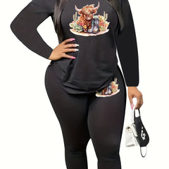 Women's Plus Cow & Cactus Print Top & Leggings Set