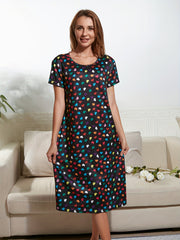 Heart Print Lounge Dress Short Sleeve Crew Neck Women's Loungewear