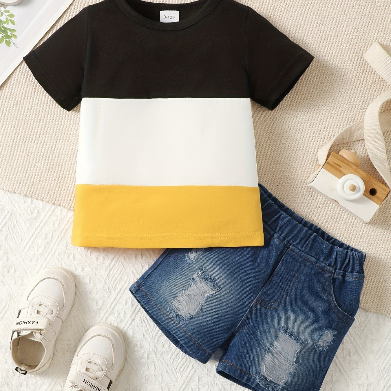 3 Stitching T shirt Ripped Jeans Outfit Baby Boys Casual 2pcs Set