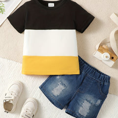 3 Stitching T shirt Ripped Jeans Outfit Baby Boys Casual 2pcs Set
