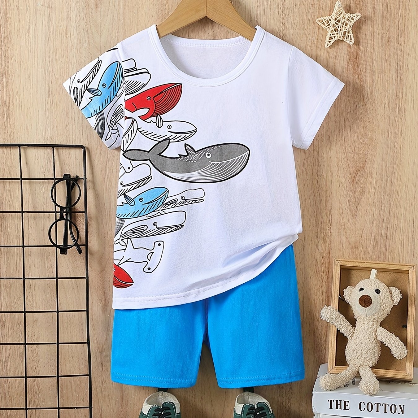 Boys Whale Print Casual Outfit T-shirt & Shorts Kids Summer Clothes Set