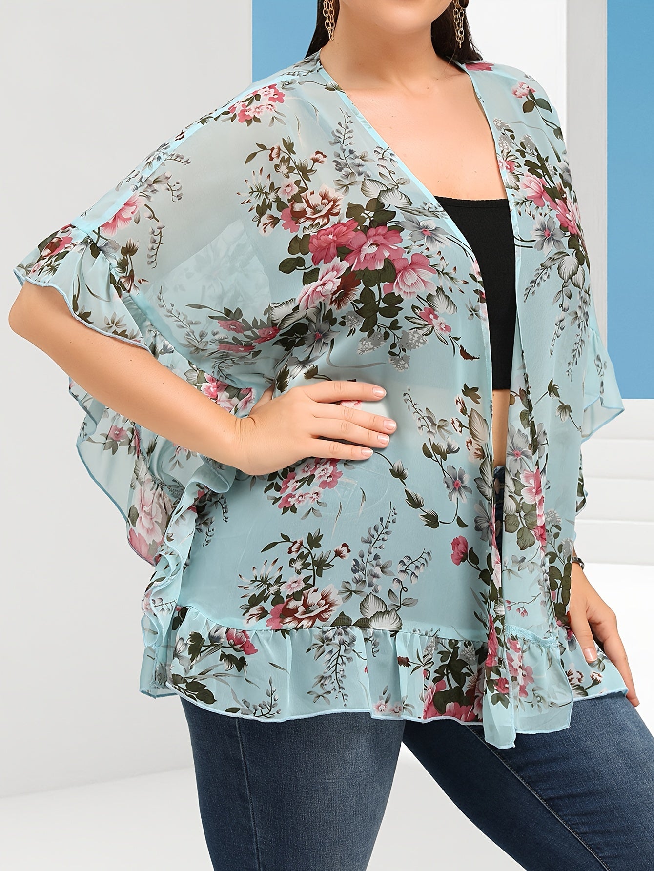 Floral Print Plus Size Kimono Beach Cover Up