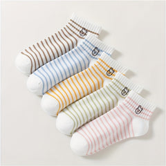 5 Pairs Cartoon Bear & Striped Short Socks Women's Stockings