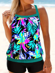 Modest Tankini Set Women's Plus Striped & Tropical Print