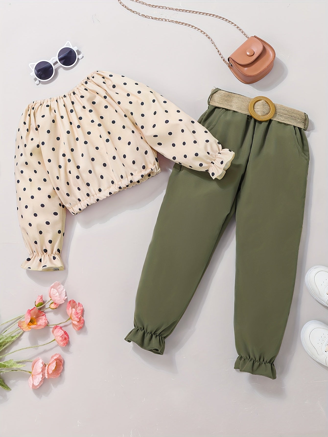 Girl's Polka Dots Top & Belted Pants Set for Spring Fall