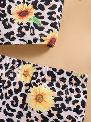Girls Sunflower & Leopard Graphic Camisole Shorts Set for Party Beach