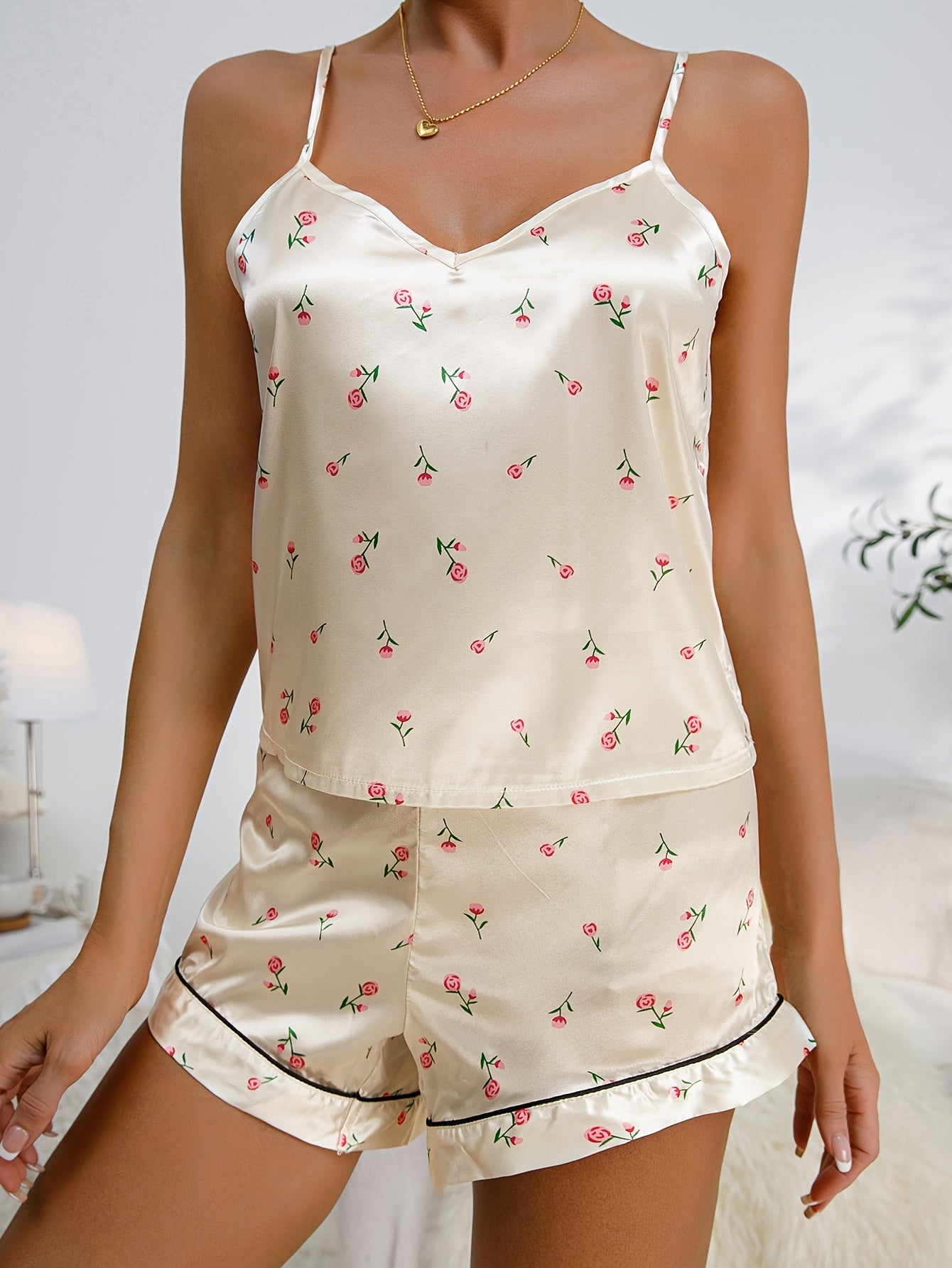 Floral Print Pajama Set V Neck Cami Top & Shorts
