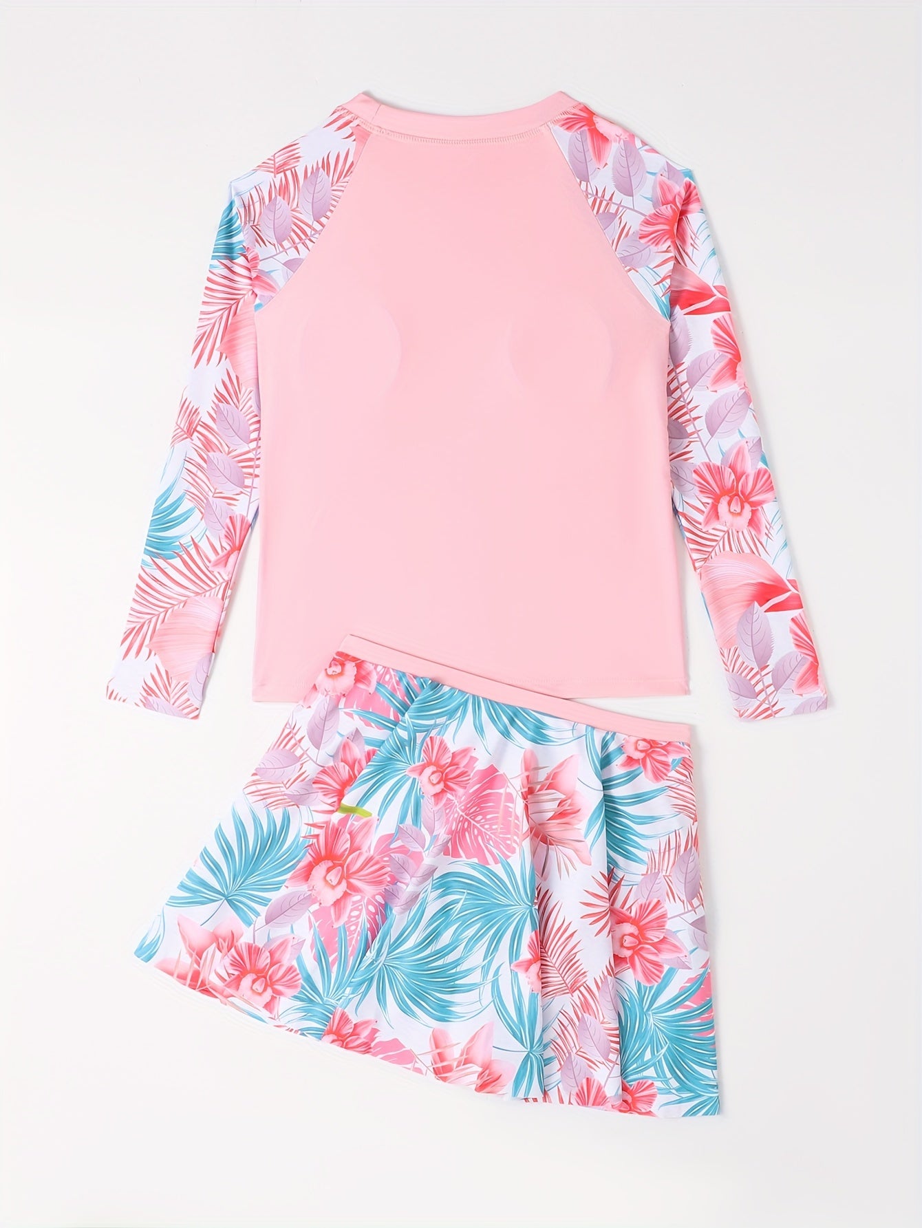 Girls Swimsuit 2pcs Long Sleeve T shirt & Skirts Tropical Floral Print