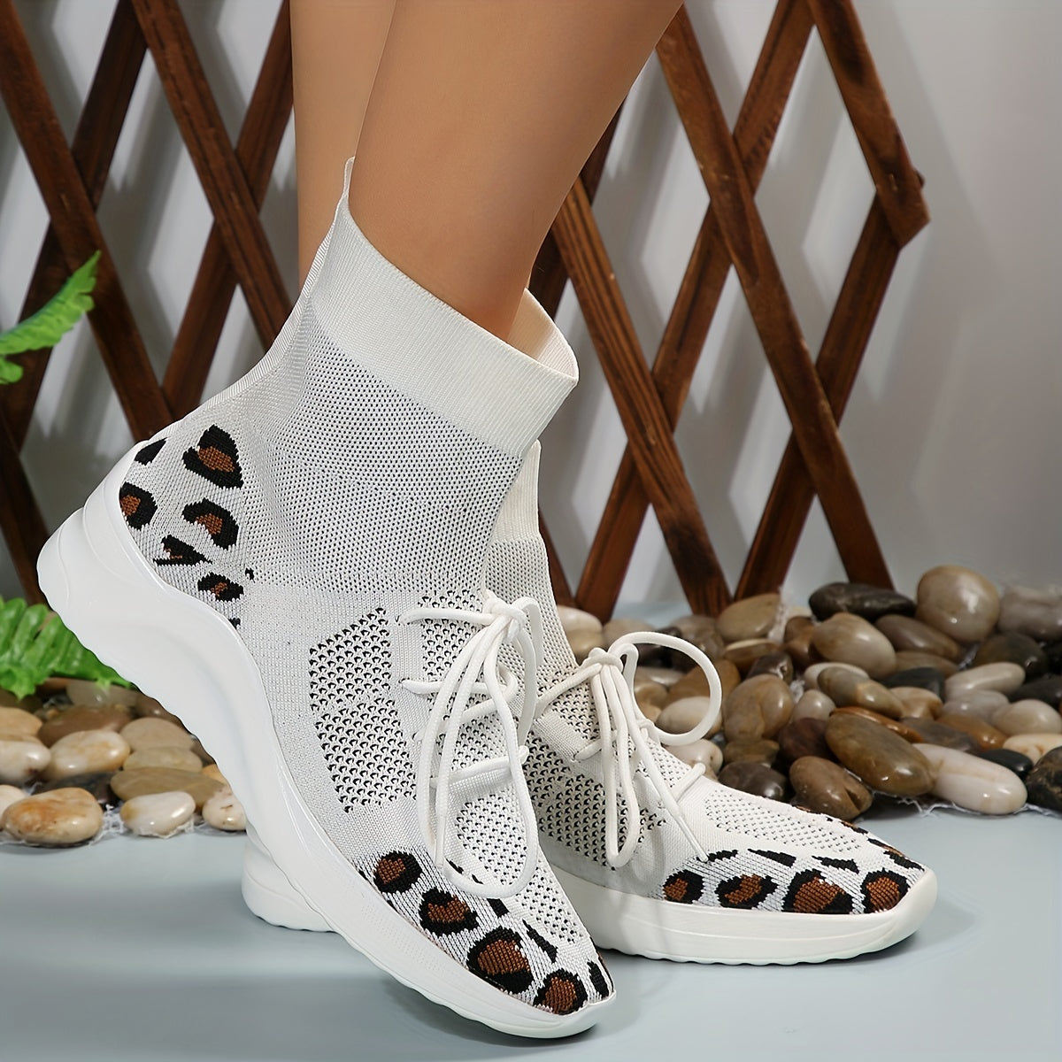 Leopard Print Knit Sneaker Boots Lace Up Stretch Short Boots