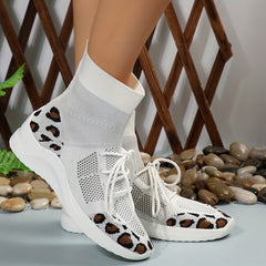 Leopard Print Knit Sneaker Boots Lace Up Stretch Short Boots
