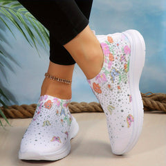 Floral Sneakers with Rhinestone Detail Slip On Low Top Lightweight Running Shoes