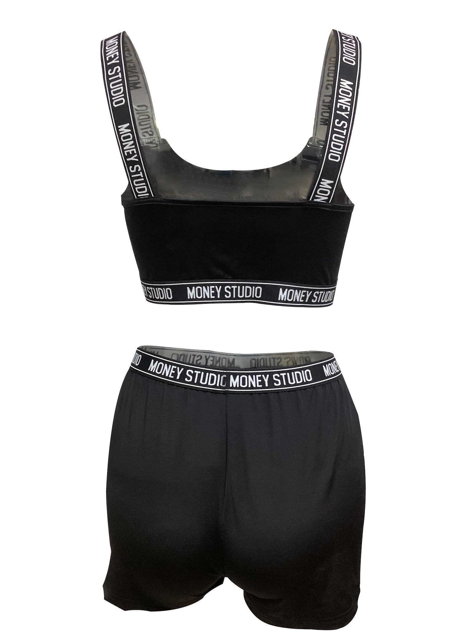 Letter Tape 2pc Set Crop Cami Top & Biker Shorts Outfits Women