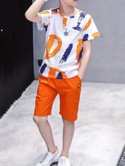 Boys Contrast Cotton Top & Casual Shorts Set Spring Summer Kids Clothes