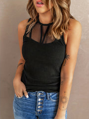Contrast Mesh Tank Top Round Neck Stretch Crinkle Tank