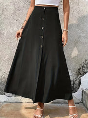 Button Front Slit Skirt Elastic Waist Casual Summer Women's Clothing