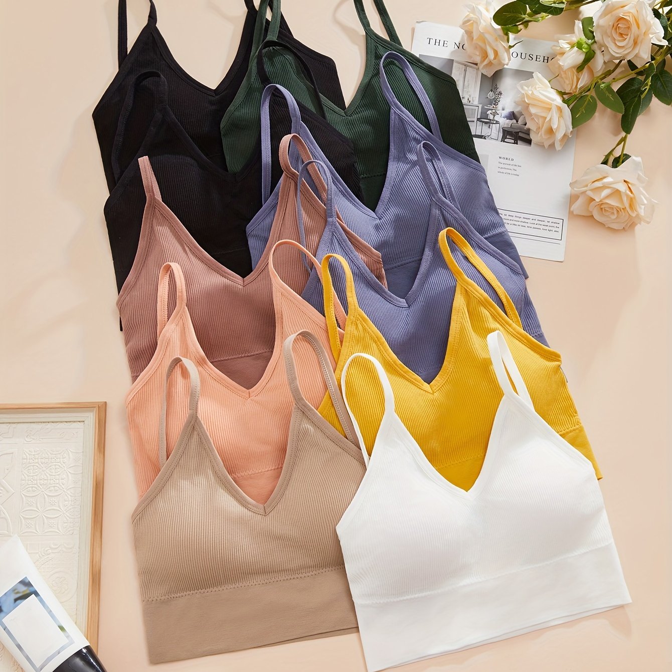 10pcs Wireless Sports Bras Comfy & Breathable Yoga Fitness Intimates Bra
