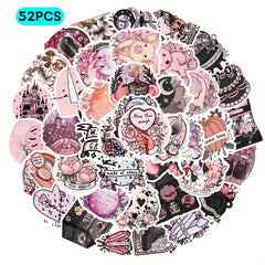 52pcs Pink Girl Cartoon Stickers Fantasy Theme Semi Matte Finish