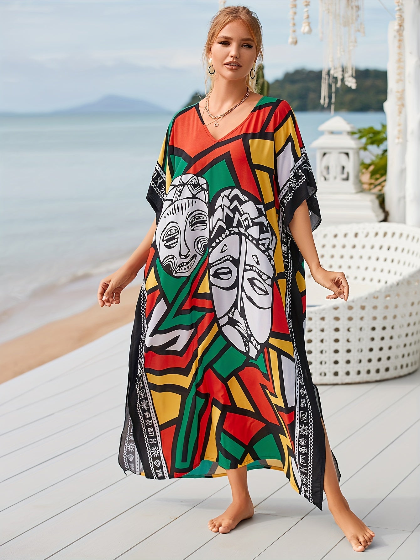 Boho Cover Up Women's Plus Allover Print Batwing Sleeve