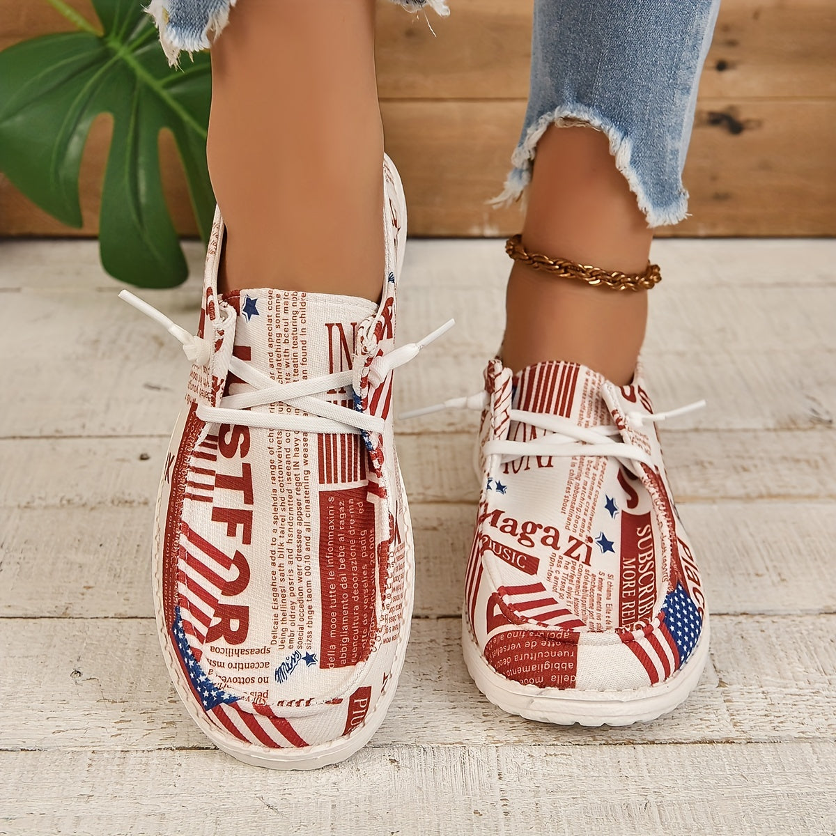 Women's Flag Print Loafers Lace Up Outdoor Sneakers Lightweight Shoes