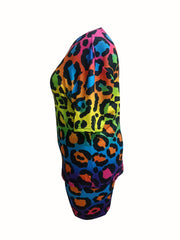 Women's Plus Rainbow Leopard Top & Shorts Set