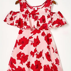 Toddler Girls Ruffle Trim Cold Shoulder Flowers Graphic Princess Dress