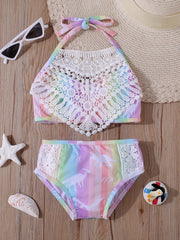 Girls Mermaid Fish Scales Swimsuit Lace Halter Bikini Swimwear