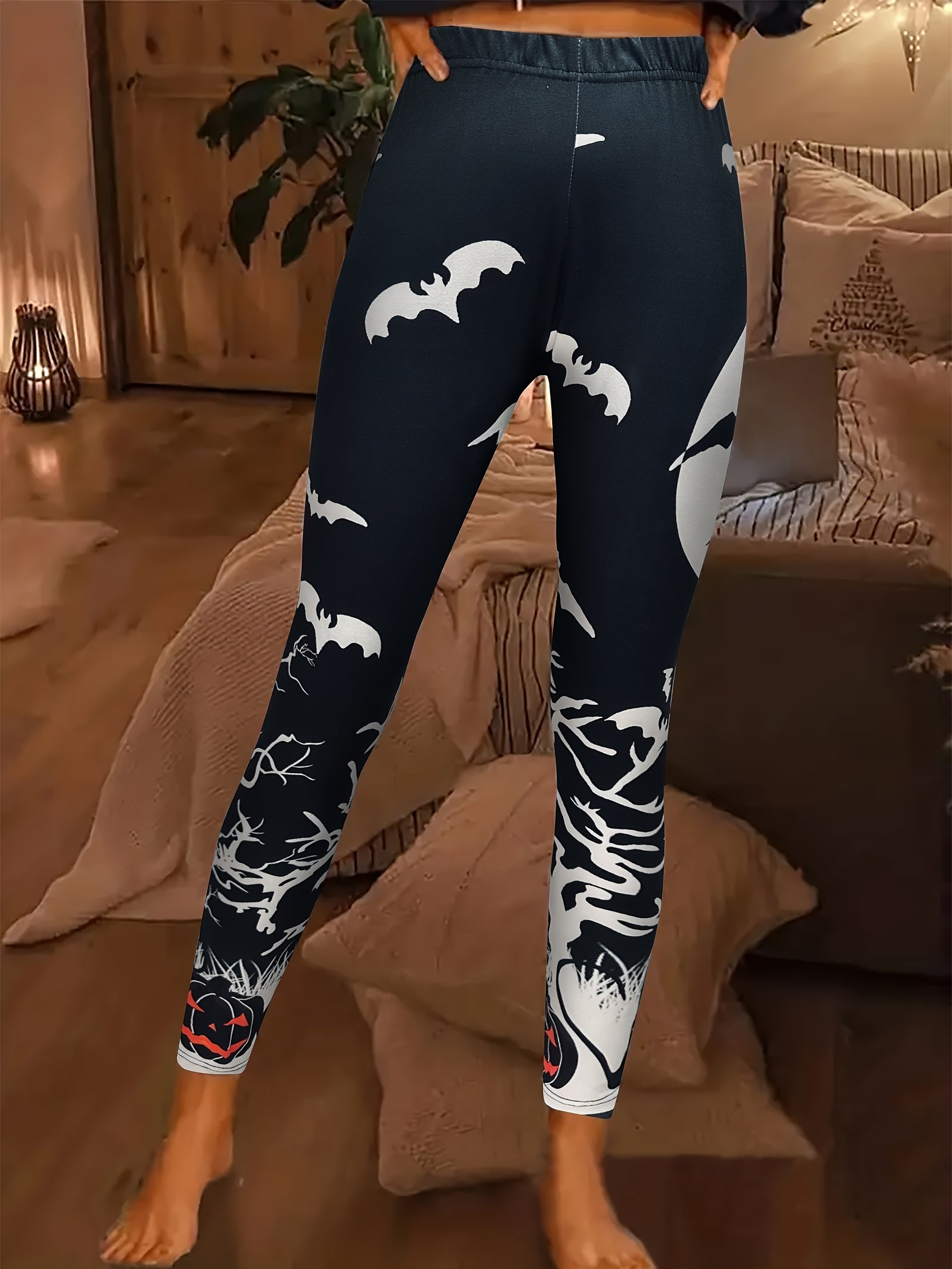 Halloween Print Skinny Leggings High Waist Stretchy Leggings Women's