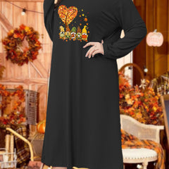 Heart Tree & Gnomes Print Long Sleeve Lounge Dress