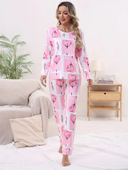 Heart Print Pajama Set Long Sleeve Crew Neck Top & Elastic Waistband Pants