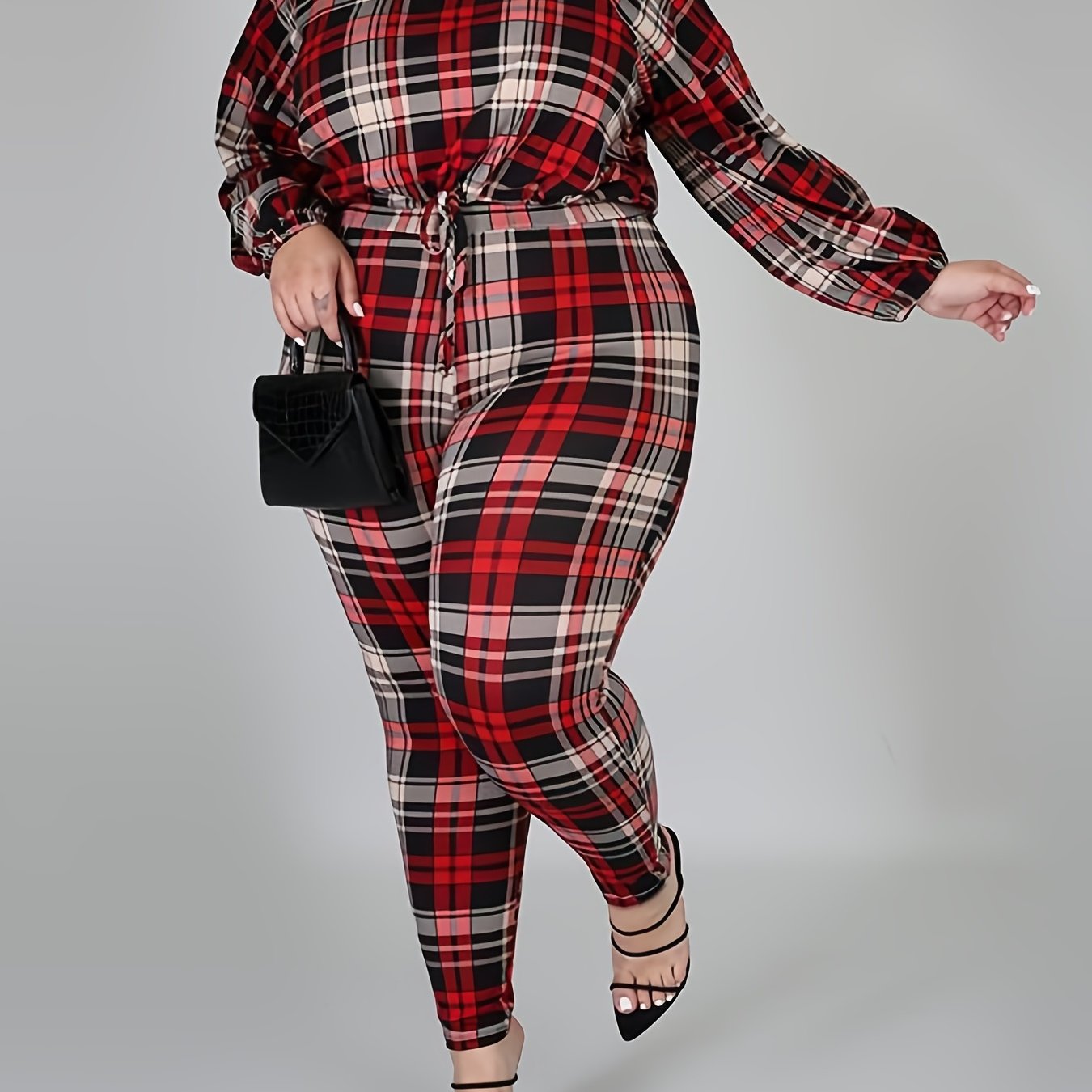 Plaid Print Long Sleeve Top & Leggings Set