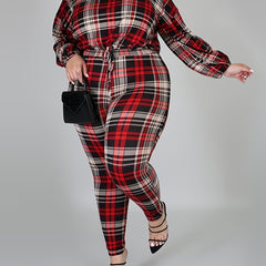Plaid Print Long Sleeve Top & Leggings Set