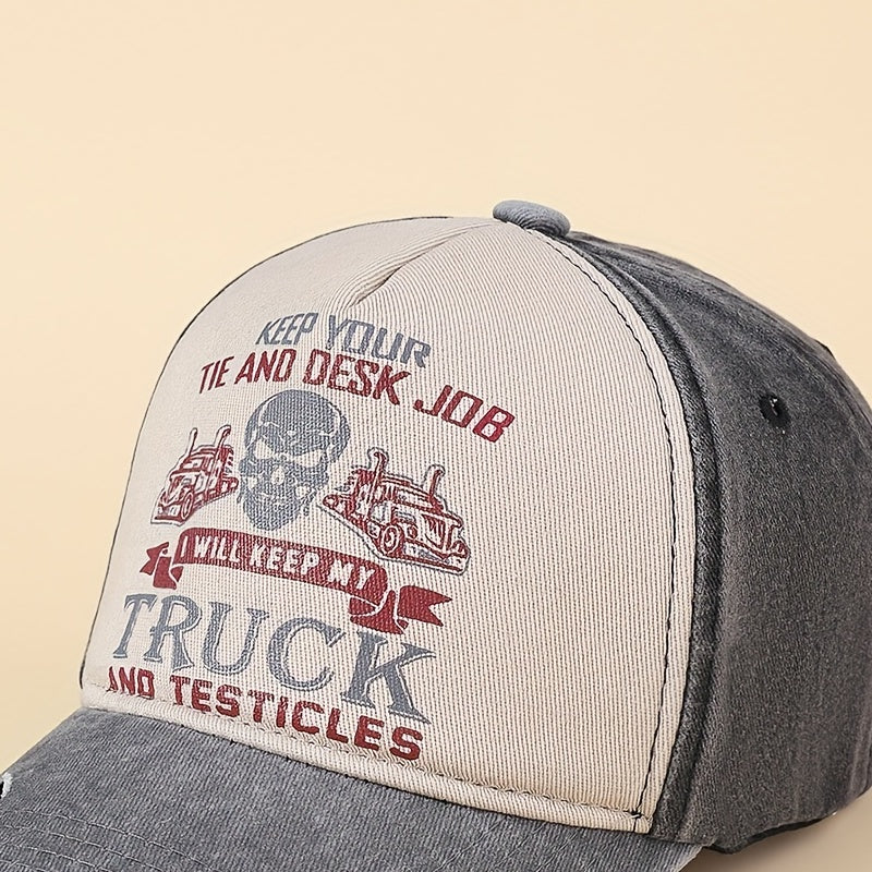 Skull Truck Print Baseball Cap Vintage Washed Distressed Ripped Dad Hats