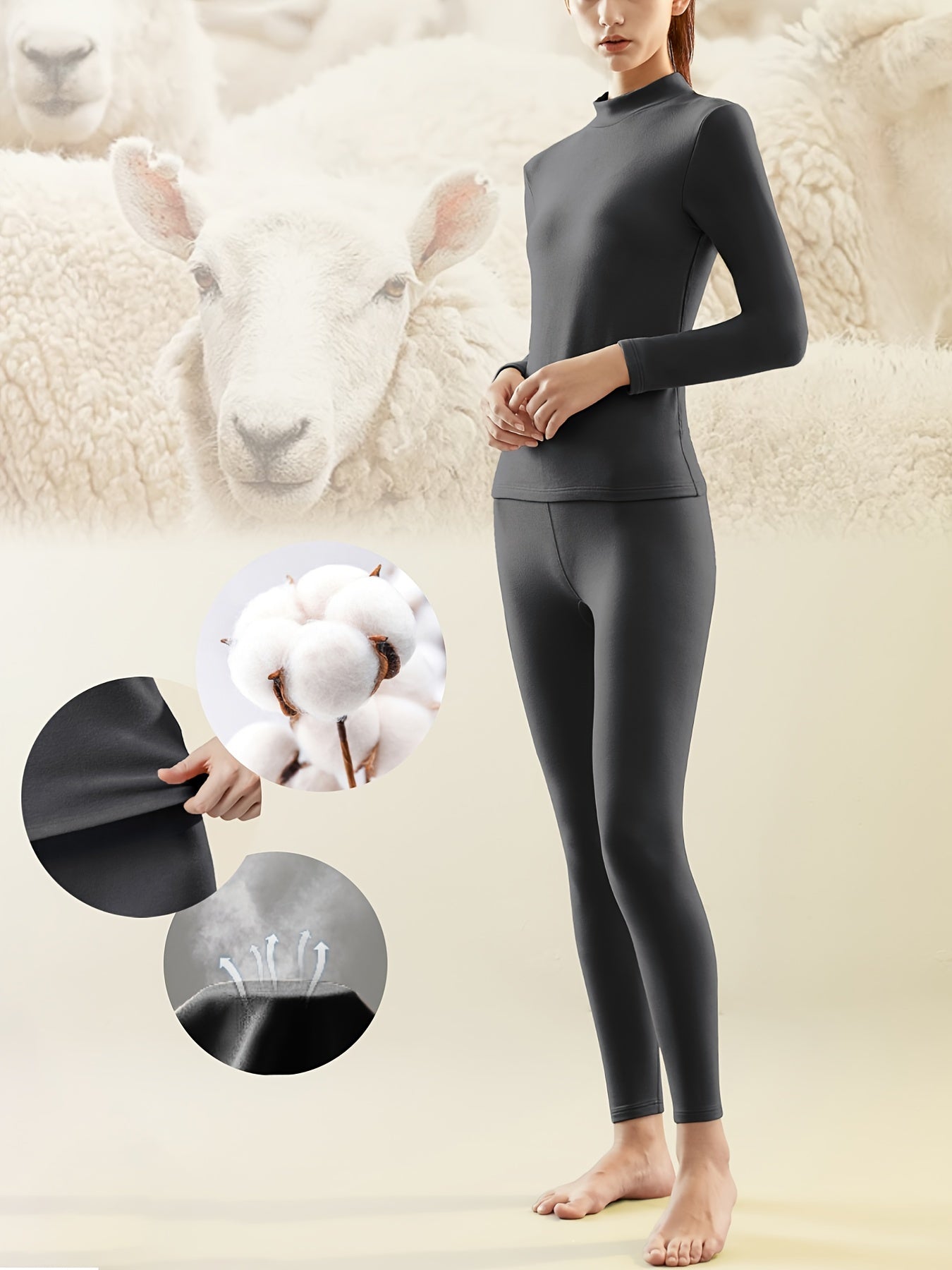 Soft 80 Cotton Thermal Underwear Set Solid Long Sleeve Top & Thermal Pants Set