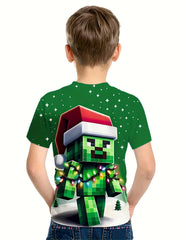 Christmas Pixel Zombie Print Boys T-shirt Short Sleeve Top