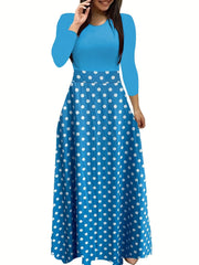 Polka Dot High Waist Maxi Dress Long Sleeve Crew Neck Women's Clothing
