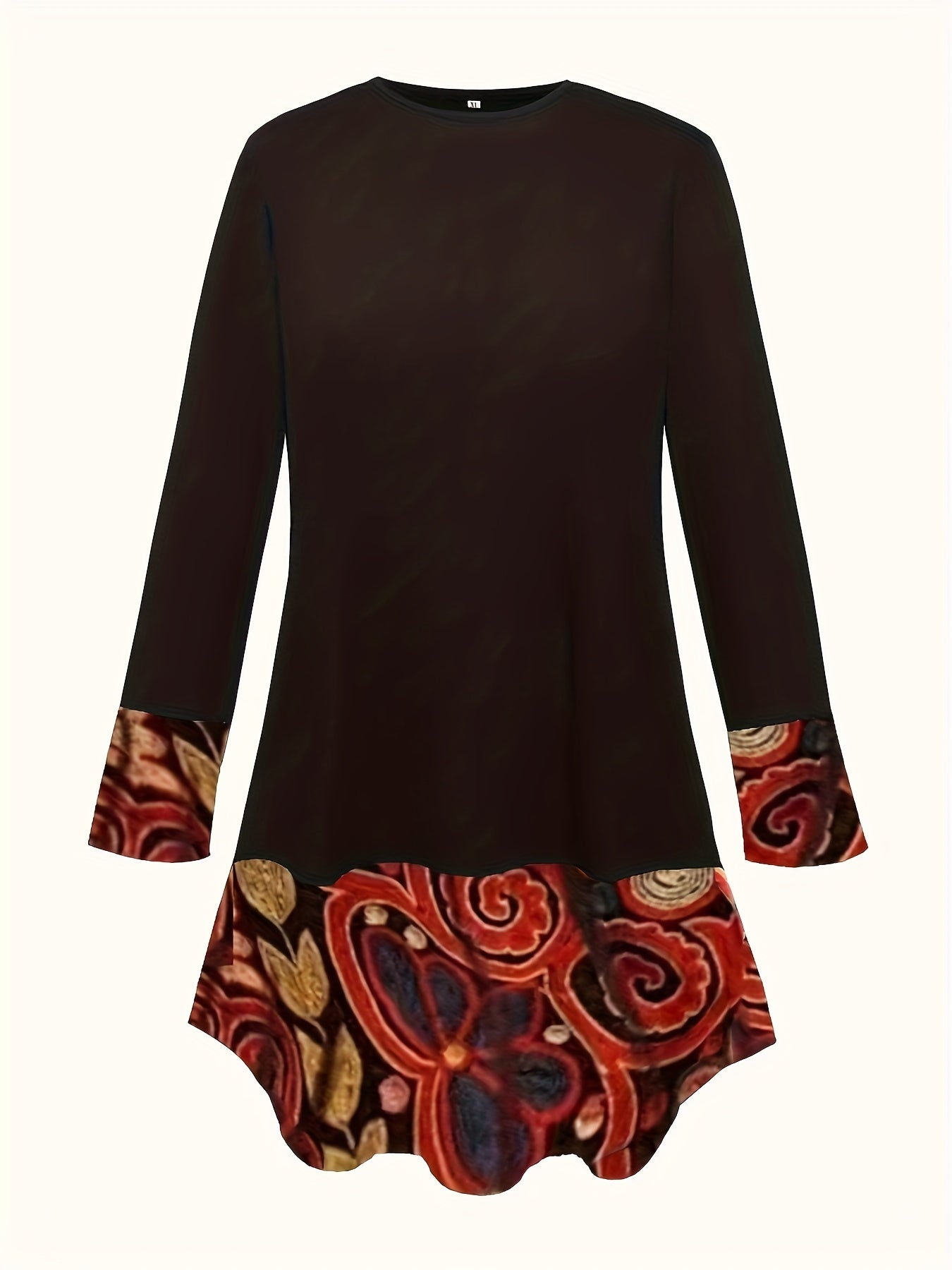 Colorblock Graphic Print Long Sleeve Round Neck Dress With Pockets