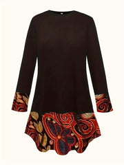 Colorblock Graphic Print Long Sleeve Round Neck Dress With Pockets