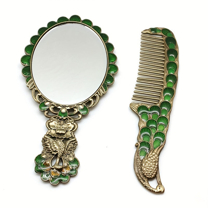 Vintage Peacock Vanity Makeup Mirror and Comb Set
